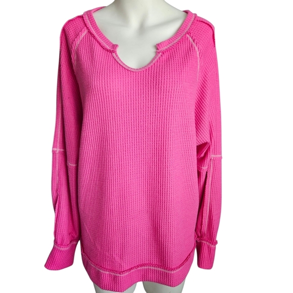 Andree By Unit Waffle Knit Reverse Stitching Pink Med Top Oversized V-Neck NWT - Picture 2 of 14